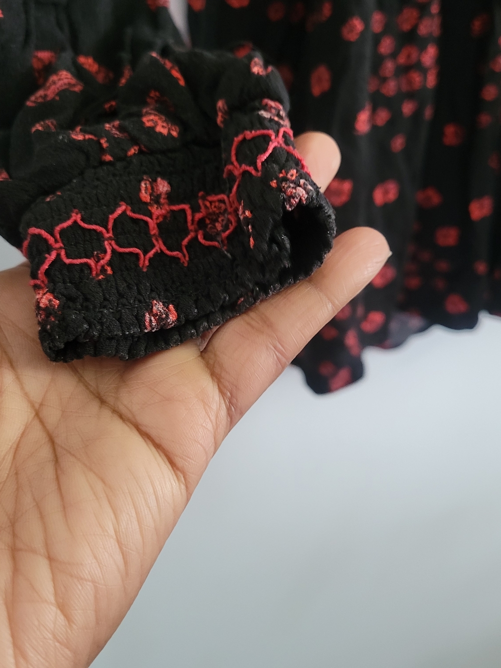 FREE PEOPLE Size XS Smocked Floral Blouse Black Red Boho Peasant Top - Picture 5 of 11